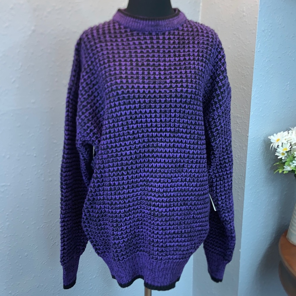 Vintage Oversized Waffle Weave Sweater Purple Black Unisex Large Deadstock NWT